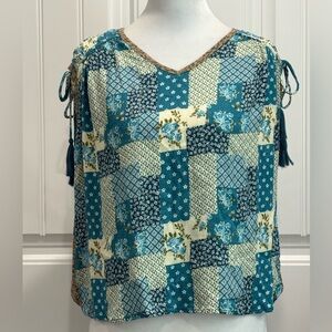 Kori Womens Blouse Top Shirt Size M Patchwork Boho Floral Hippie Cottage Tassel